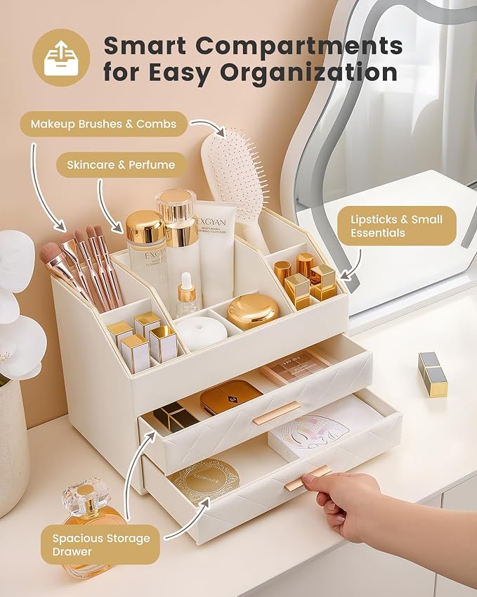 Lolalet 3-Layer PU Leather Makeup Organizer for Cosmetic Vanity -Beige | Large Bedroom Dsek Countertop Cosmetic Organizer with Brush Holder, Skincare Storage for Lipsticks, Nail Polish, Perfume