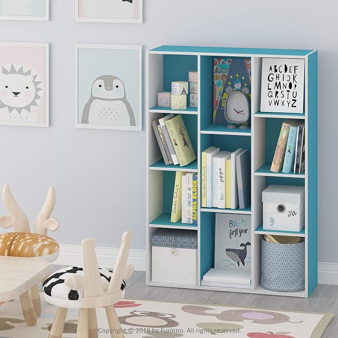 Furinno LUDER Book Shelf, 11-Cube Bookshelf, Reversible Bookcase, 9.4 x 29.1 x 41.7, Easy Assembly, for Living Room, Bedroom, Home Office, White/Light Blue
