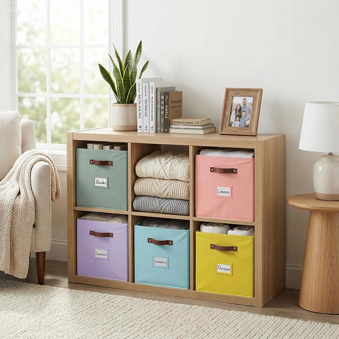 DECOMOMO Storage Bins, Cube Storage Bin with Labels | 10.5" x 11" Fabric Storage Cubes for Shelves (6pcs, Rainbow)
