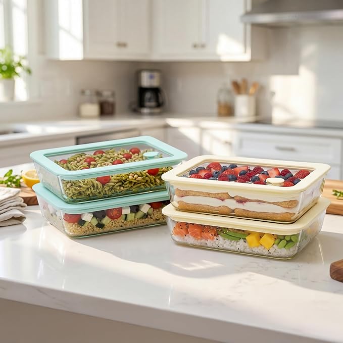 Glass Food Container Set with Glass Lid, 4 Pack, Food Storage Containers with Airtight Lid, LeakProof, 100% Plastic Free, Meal Prep Container Set
