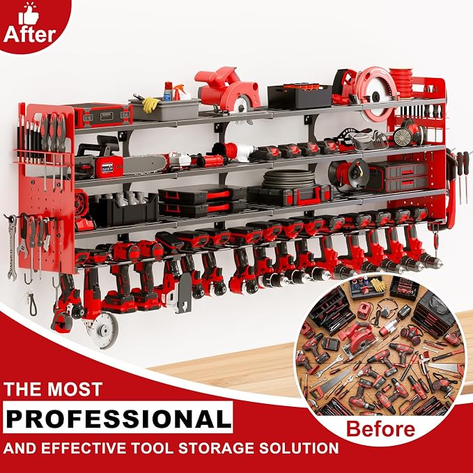 Large Power Tool Organizer Wall Mount, 16 Drill Holders Storage Rack, Red | 4-Tier Heavy-duty Wall Rack Holds 16 Cordless Drills, Saving Valuable Garage and Workshop Space