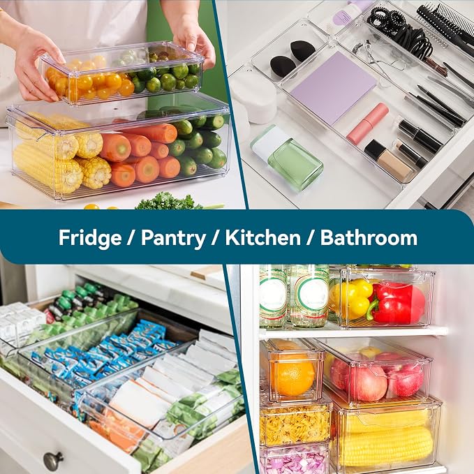 4 Piece Refrigerator Organizer Bins, Clear Fridge Organizers with Lids | Clear Fridge Storage, Food Storage Containers Clear and Stackable for Fruit, Vegetable, Drinks, Cereals