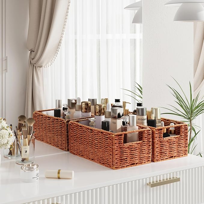 Vagusicc Wicker Storage Basket, Set of 2 Hand-Woven Paper Rope Wicker Basket, Small Storage Baskets for Organizing Toilet Paper, Foldable Small Cube Organizer Bins for Shelves (Orange)