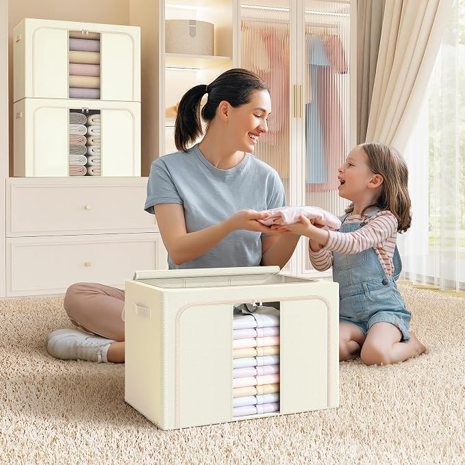 Clothes Storage Bins with Metal Frame, Foldable Clothes Organizers Storage Containers for Clothes, Sheets, Blankets, Pillows and Towels (24L, 3 Pack) Beige