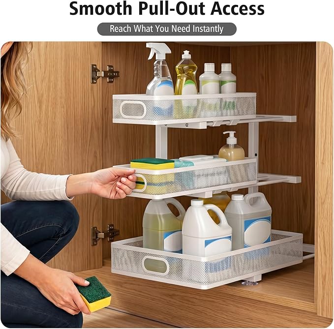 Under Sink Organizer, 3 Tier Pull Out Cabinet Organizer with 5 Adjustable Heights, Metal Under Sink Storage with Sliding Drawers for Kitchen, Bathroom, Pantry and Laundry Room, 2-Pack White
