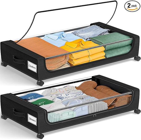 GoMaihe Under Bed Storage with Wheels 48L Black 2-Pack | Rolling Rangement Vetement sous le Lit - Containers for Clothes Shoes in Bedroom - Easy Pull-out