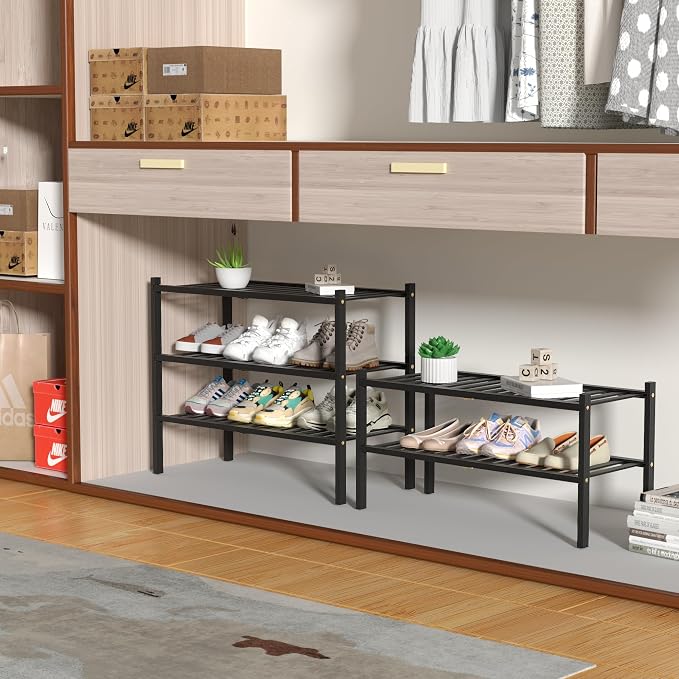 ROMGUAR CRAFT 2 Tier Bamboo Shoe Rack for Closet Free Standing Wood Shoe Shelf for Entryway Small Space Stackable 27"x11"x13" (Black)