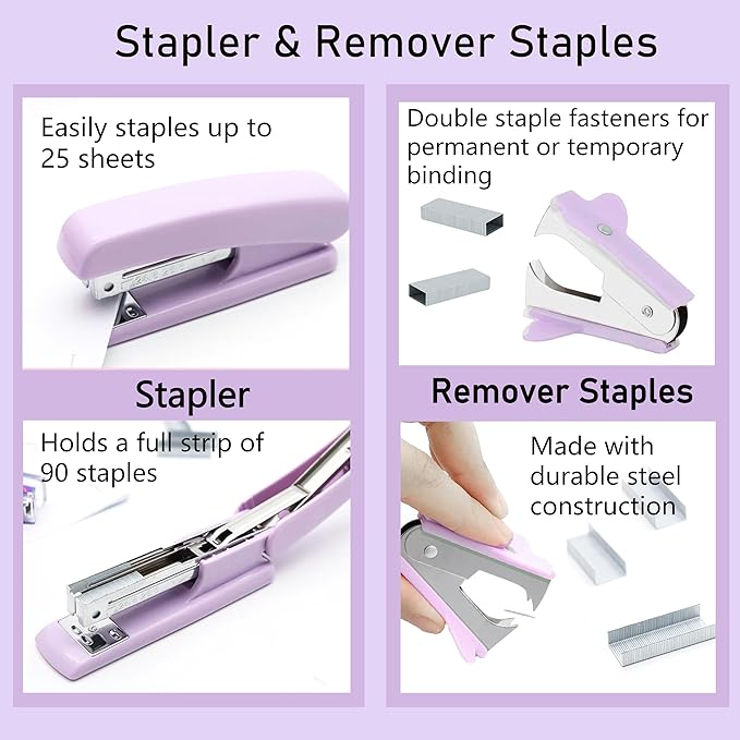 Purple Desk Accessories, Purple Office Supplies, Stapler, Staple Remover, Tape Holder, Pen Holder, Ballpoint Pen, Scissor, Binder Clips, Paper Clips and 1000pcs Staples.