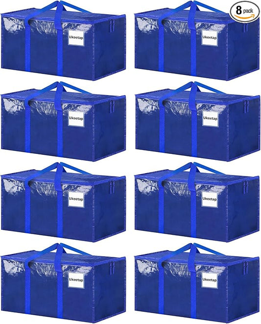 8 Pack Extra Large Clothes Storage Bins with Lids, Storage Bags with Reinforced Handles & Heavy-Duty Zippers, Moving Bags, Moving Boxes Totes for Clothes Packing, Dorms, College Supplies, Blue