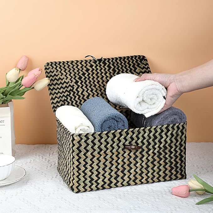 Hipiwe Wicker Shelf Baskets with Lid Seagrass Storage Baskets Handwoven Household Organizer Rectangular Woven Organizer Box for Storage Shelf Wardrobe,Medium
