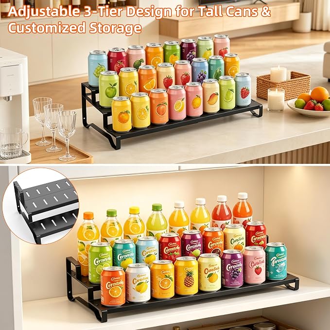 Expandable Can Organizer for Pantry, 3-Tier Adjustable Metal Can Rack | Tiered Pantry Shelf, Adjustable Width Can Dispenser for Deep Cabinet,Kitchen Countertop & Canned Goods Storage Holder