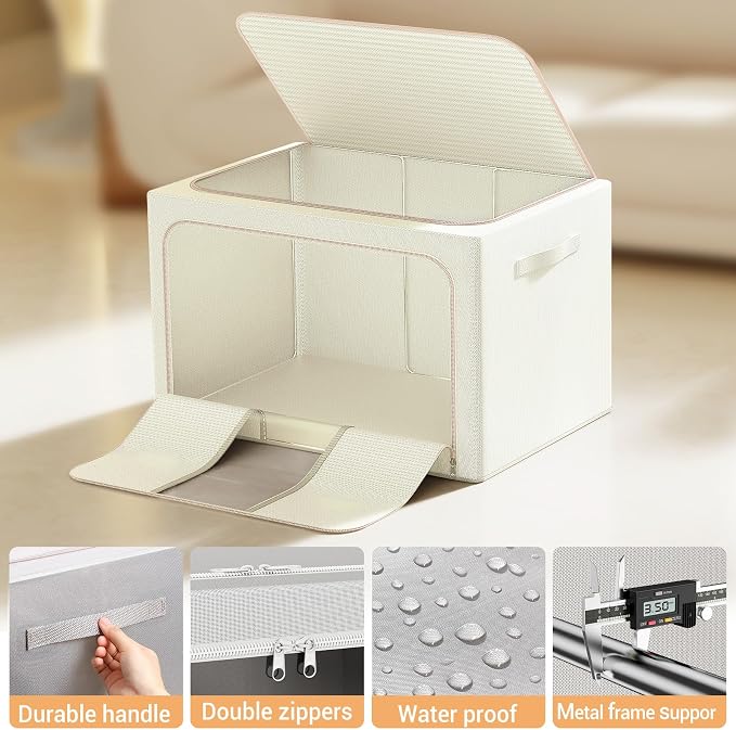 Clothes Storage Bins with Metal Frame, Foldable Clothes Organizers Storage Containers for Clothes, Sheets, Blankets, Pillows and Towels (24L, 3 Pack) Beige