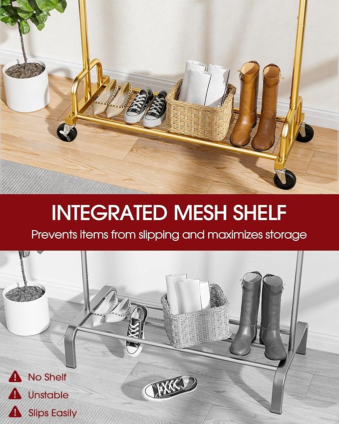 Sakugi Clothes Rack - Large-Capacity Clothing Racks for Hanging Clothes with Lockable Wheels, Space-Saving Metal Coat Rack for Bedroom, Laundry Room, Entryway, 45.6" x 16.9" x 59", Gold