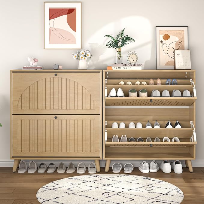 Fsbecl Shoe Storage Cabinet for Entryway with 2 Flip Drawers, Narrow Wood Shoe Cabinet with Fluted Panel, Freestanding Hidden Shoe Organizer for Hallway