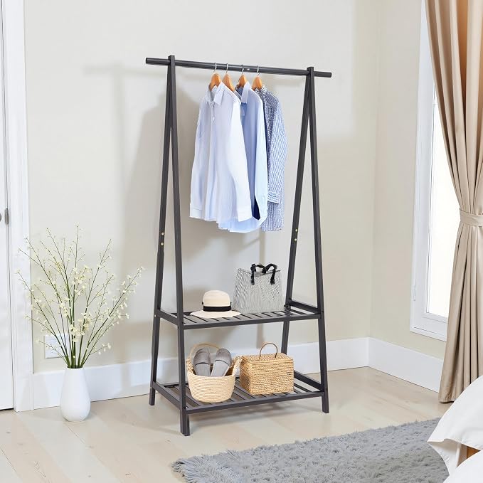 Finnhomy Bamboo Clothes Rack Portable Extra Large Garment Rack 2-Tire Storage Box Shelves For Entryway and Bed Room Patented Design (Black)