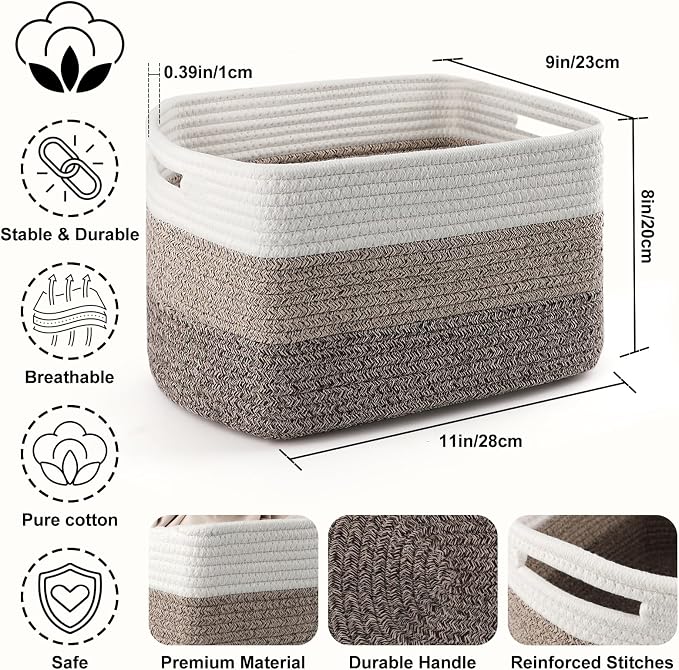 4 Pack Storage Baskets for Organizing, 11''Lx9''Wx8''H Woven Baskets for Storage Toys, Towels, Books, and Clothes, Cotton Rope Basket for Shelves with Handle