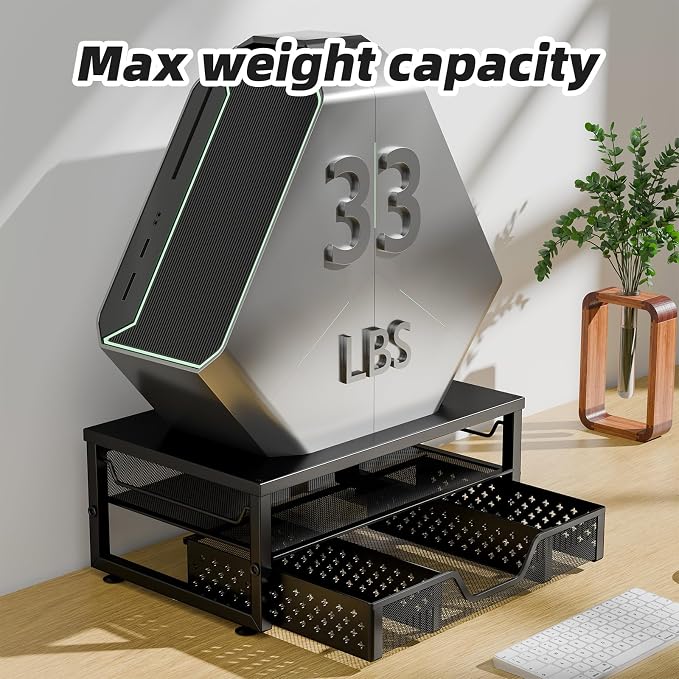 Simple Trending 2-Tier Monitor Stand Riser, Laptop & Printer Stand, Black | Metal Desk Organizer with Drawer, Desktop Organizer, Ergonomic Design, for Home Office, 16.34"W x 10.35"D x 3.5"H