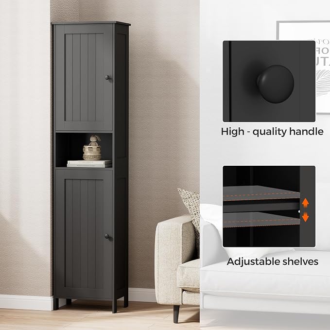 Homleke Tall Bathroom Storage Cabinet with 2 Doors, Slim Bathroom Cabinet | Narrow Storage Cabinet with Adjustable Shelves, Anti-Tip Design, Reversible Door, Easy Assembly, Black, 15.7''W