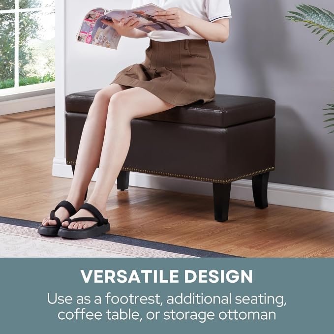 Convenience Concepts Designs4Comfort Winslow Storage Ottoman Bench 32" - Transitional Upholstered Footstool & Seat, for Living Room, Entryway, Hallway, & Bedroom, Espresso Vegan Leather