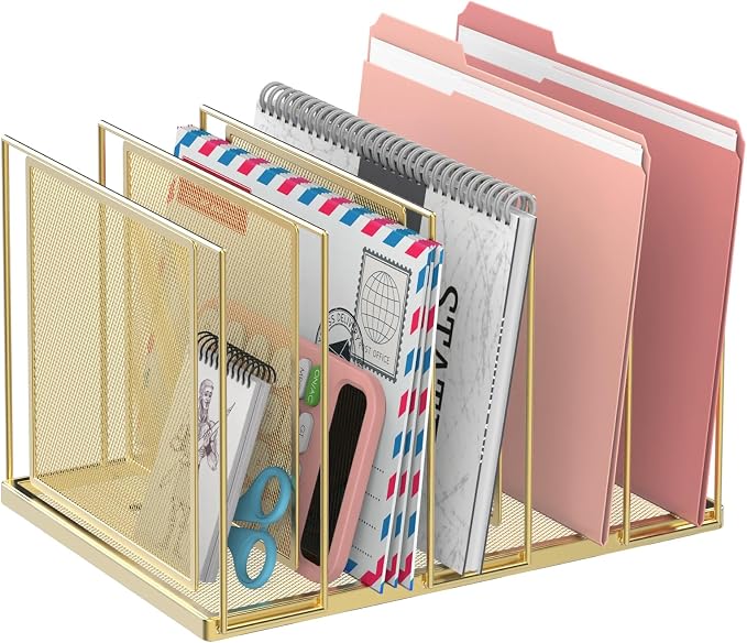 File Organizer for Desk, 5-Section Vertical File Sorter, Paper Holder Organizer Standing Metal File Folder for Office Home Classroom, Gold