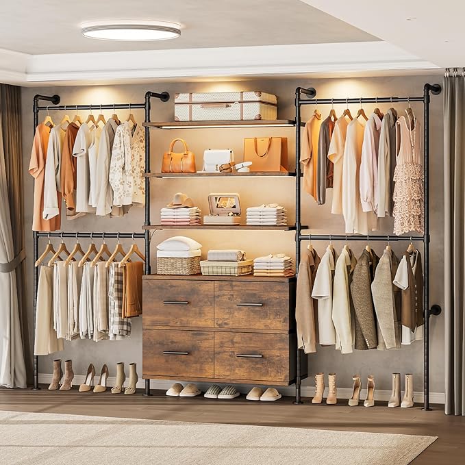 T3 Closet System with Stepless Dimmable LED Light, Industrial Pipe Clothing Rack with 4 Drawers, 6 Wooden Shelves & 4 Telescopic Rods, Heavy Duty Closet Organizers in Wardrobe Closet (Rustic Brown)