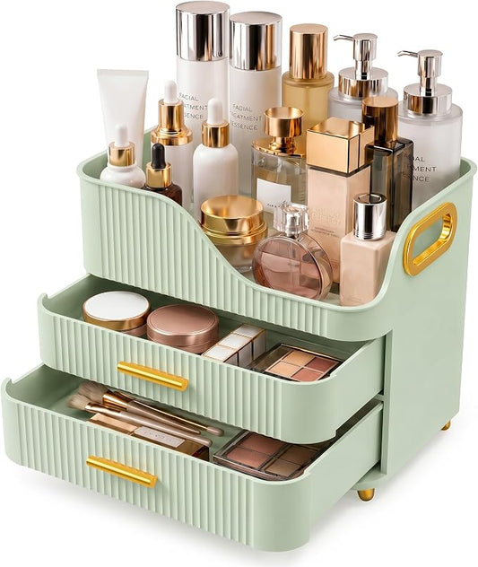 Booklov Large Makeup Organizer for Vanity, Bathroom Countertop, Green | Plastic Cosmetic Display Case with Drawers, Beauty Brush Holder for Dresser Counter Skincare Eyeshadow Lipstick Storage