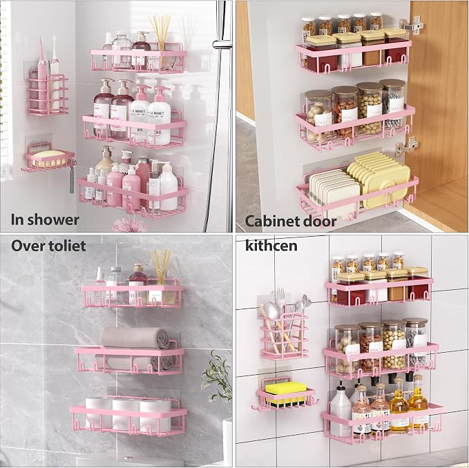 Liuoud 5 Pack Shower Caddy Organizer Rack Shelf for Inside Shower, Adhesive Bathroom Wall Storage Basket Rustproof Stainless Steel Shampoo Holder, Girly Bathroom Accessory Decor Set, Pink