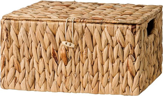StorageWorks Water Hyacinth Baskets for Organizing, Wicker Storage Basket with Lid and Built-in Handles for Living Room (Medium, 1 Pack)