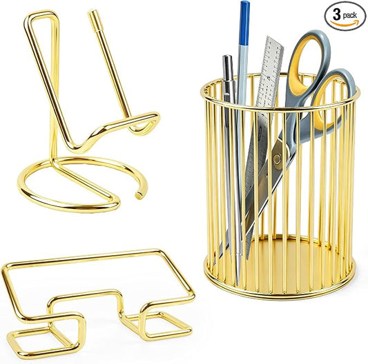 Gold Desk Accessories Set 3-in-1: Metal Business Card Holder & Pen Cup,Cell Phone Stand - Aesthetic Office Decor for Women - Metal Pencil Holder & Phone Holder for Desk Organizer