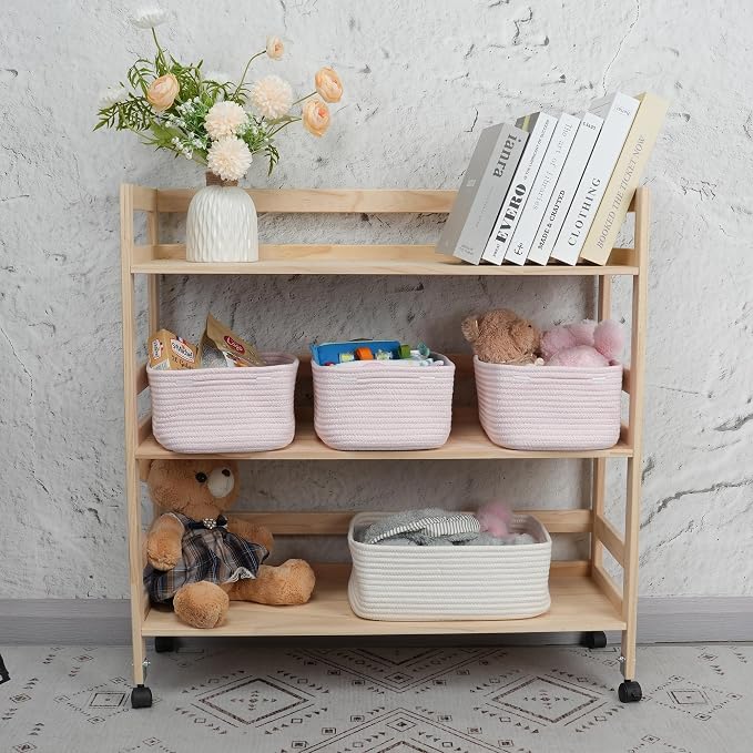 XUANGUO Small Woven Storage Baskets for Shelves, 13" x 9" x 5", Pink | Decorative rope storage bins for closets and toy storage; cute organizer baskets, empty gift baskets and nursery storage.