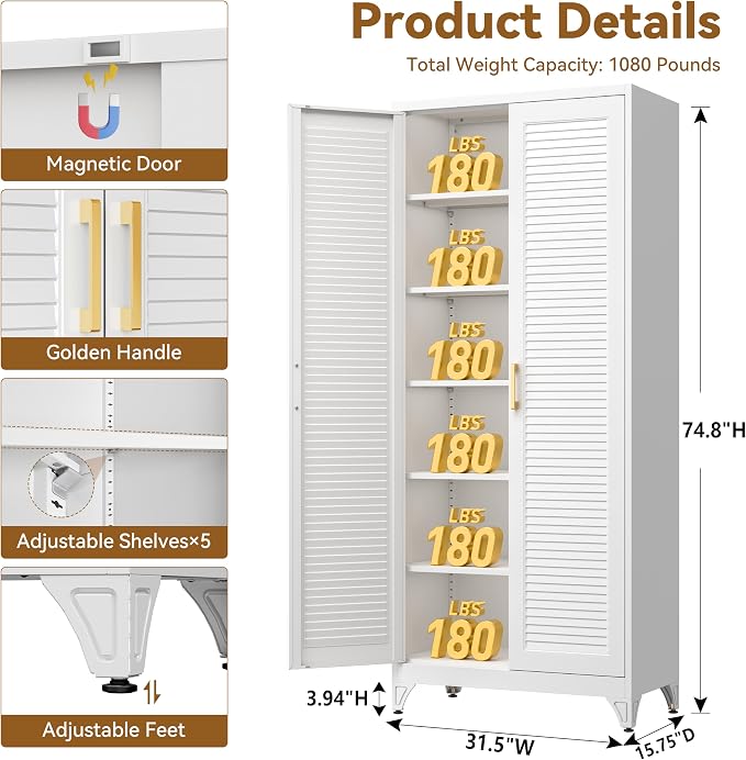 Polup 75" Pantry Cabinet, Tall Metal Storage Cabinet with Doors and Shelves | White Kitchen Cabinet, 5 Adjustable Shelving, Heavy-Duty Steel, Louvered Doors, Gold Handles, for Garage Office & Laundry