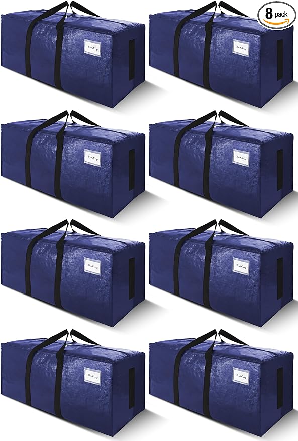 SWEET DOLPHIN 8 Pack 200LB Heavy-Duty Moving Bags with Wrap-Around Handles, Extra Large Storage Totes for Space Saving, Clothes Storage Bags, College Dorm Essentials, Blue, 24 Gal