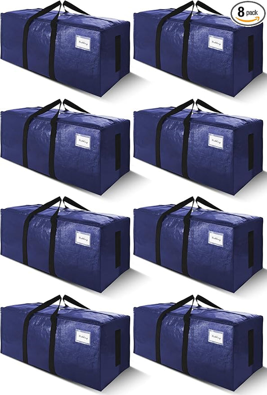SWEET DOLPHIN 8 Pack 200LB Heavy-Duty Moving Bags with Wrap-Around Handles, Extra Large Storage Totes for Space Saving, Clothes Storage Bags, College Dorm Essentials, Blue, 24 Gal