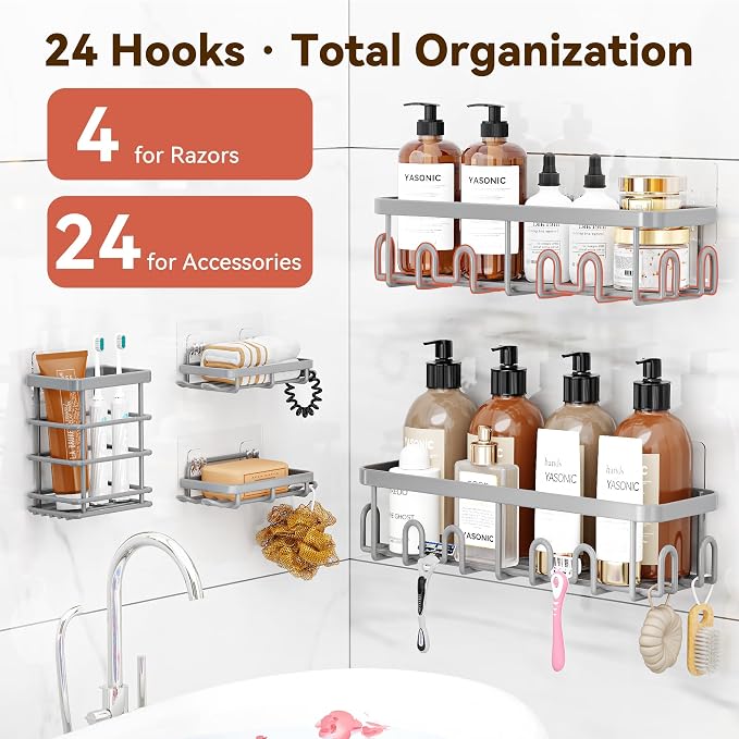 YASONIC Shower Caddy Adhesive, 100% Rustproof Shower Organizer with Soap and Toothbrush Holder, Large Capacity Shower Shelves for Inside Shower, No Drill Shower Storage for Home (5 Pack Grey)
