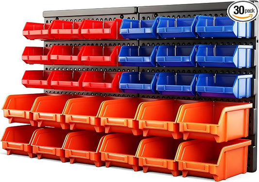HORUSDY Wall Mounted Storage Bins Parts Rack 30PC Organizer Garage Plastic Shop Tool for Men's Gift, Blue,Orange,Red