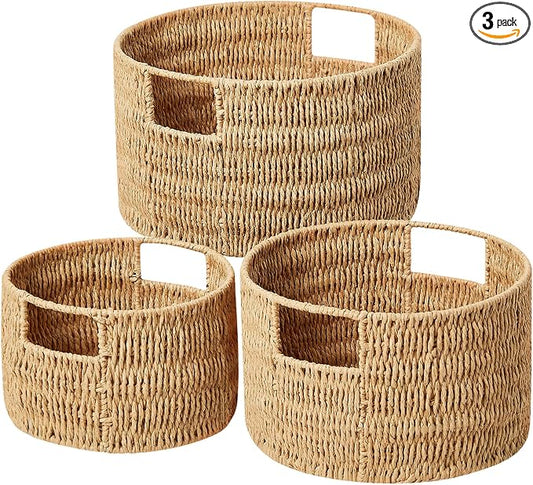 Wicker Storage Basket, Hand-Woven Paper Rope Large Round Woven Basket With Handles, Wicker Baskets for Organizing/Storage, Natural, 3-Pack