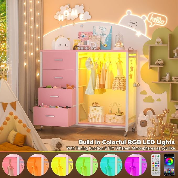Cyclysio Storage Clothes Rack with 4 Drawers, Garment Rack with Charging Station & LED Lights, Fabric Chest Shelves Clothing Rack, Wooden Portable Wardrobe Closet