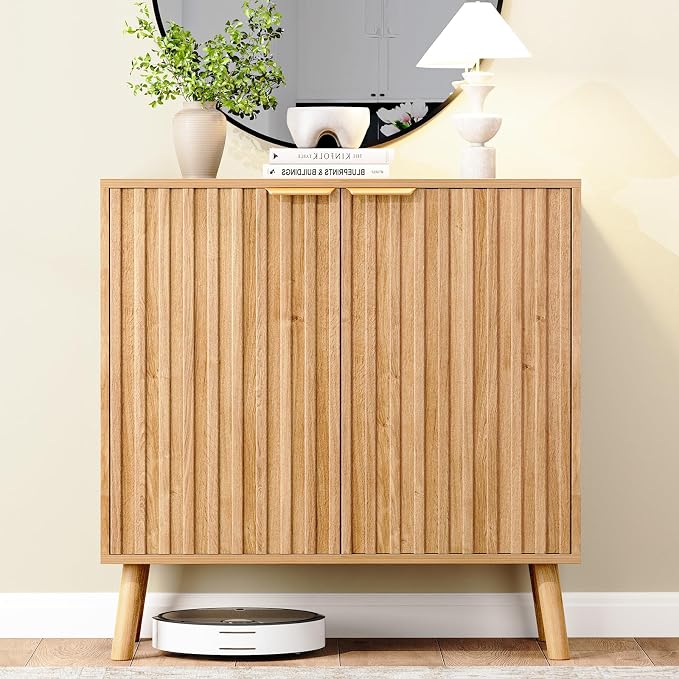 Set of 4 Fluted Storage Cabinet, Buffet Cabinet with Storage, Wood Sideboard with Adjustable Shelf, Modern Accent Cabinet & Console Table for Entryway, Living Room, Dining Room, Natural