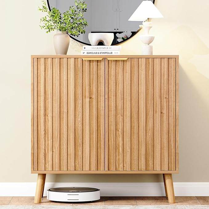 Fluted Storage Cabinet, Buffet Cabinet with Storage, Wood Sideboard with Adjustable Shelf, Modern Accent Cabinet & Console Table for Entryway, Living Room, Dining Room, Natural