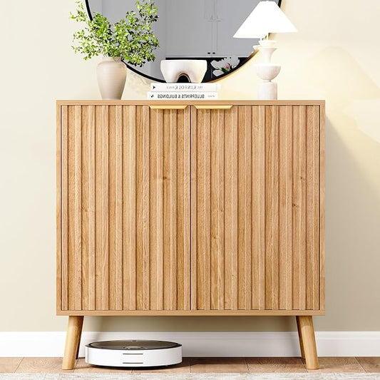 Set of 2 Fluted Storage Cabinet, Buffet Cabinet with Storage, Wood Sideboard with Adjustable Shelf, Modern Accent Cabinet & Console Table for Entryway, Living Room, Dining Room, Natural