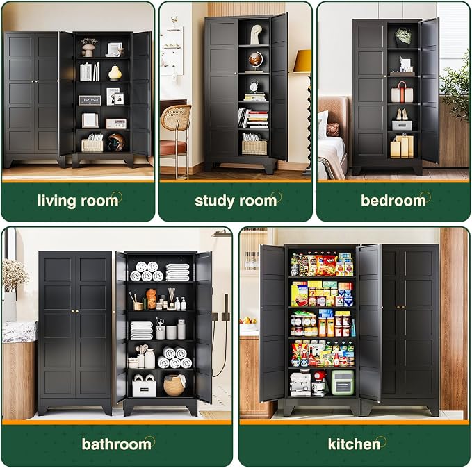 Letaya 72" H Metal Storage Cabinet with 2 Doors and 4 Shelves,Tall Kitchen Pantry Cabinets,Utility Pantry Organizers for Cupboard/Dining/Bathroom/Home Office/Garage (Black, 72" H x 18" D x 33.5" W)