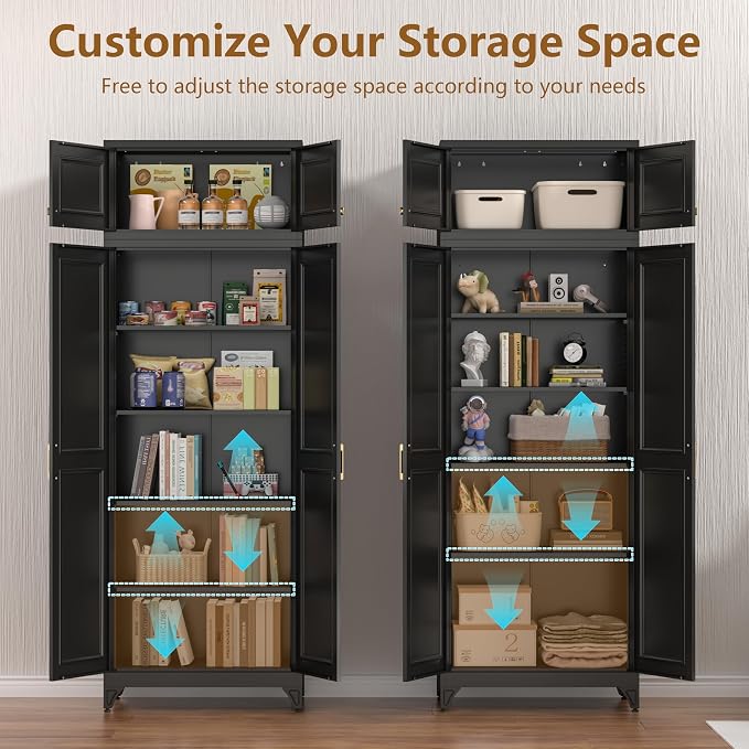 Polup 90" Pantry Cabinet, Tall Metal Storage Cabinet with Doors and Shelves | Black Kitchen Cabinet, 5 Adjustable Shelving, Heavy-Duty, 2 Gold Handles, 4 Standing Feet, for Dining Room Garage & Laundry