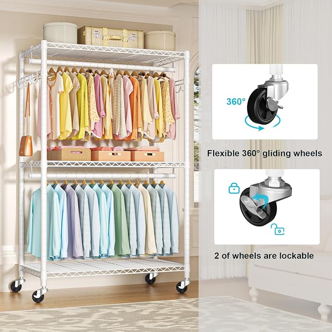 FUTASSI P1 Plus Rolling Clothes Rack, 22mm Diameter Heavy Duty Garment Rack | Freestanding Clothing Rack with Wheels and Double Rods, Portable Closet Wardrobe System Max Load 524lbs, White