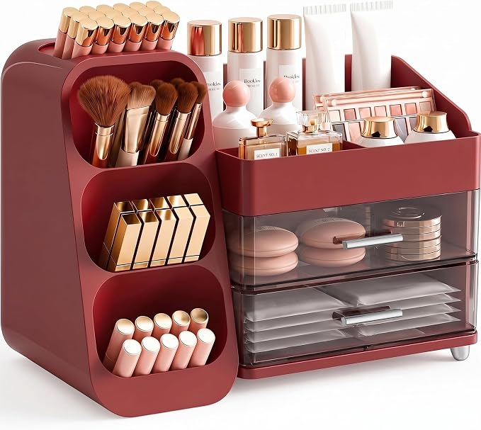 Booklov Large Makeup Organizer for Vanity Countertop, Red | Clear Acrylic Cosmetic Display Case, Beauty Brush Holder for Bathroom Counter, Make Up Skincare Lipsticks Storage