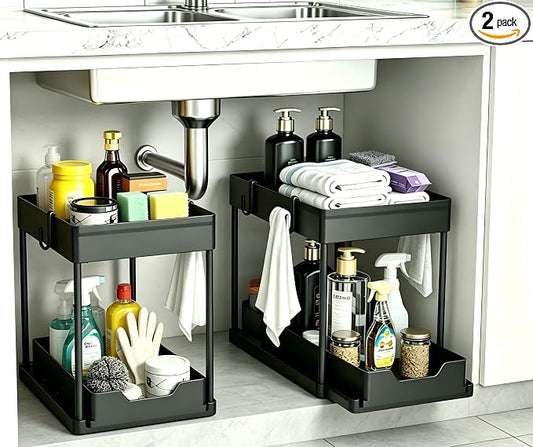 DEKAVA Under Sink Organizer 2 Pack, Bathroom Cabinet Organizer, 2 Tier Sliding Cabinet Basket Organizer Drawer, Multi-Purpose Bath Collection Baskets for Bathroom (Black)