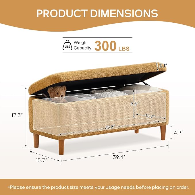 39.4" Ottoman with Storage Upholstered Storage Bench for Living Room | Modern Fabric End of Bed Bench Footstool with Wooden Legs Ottoman Bench for Window Hallway Entryway Bedroom Yellow