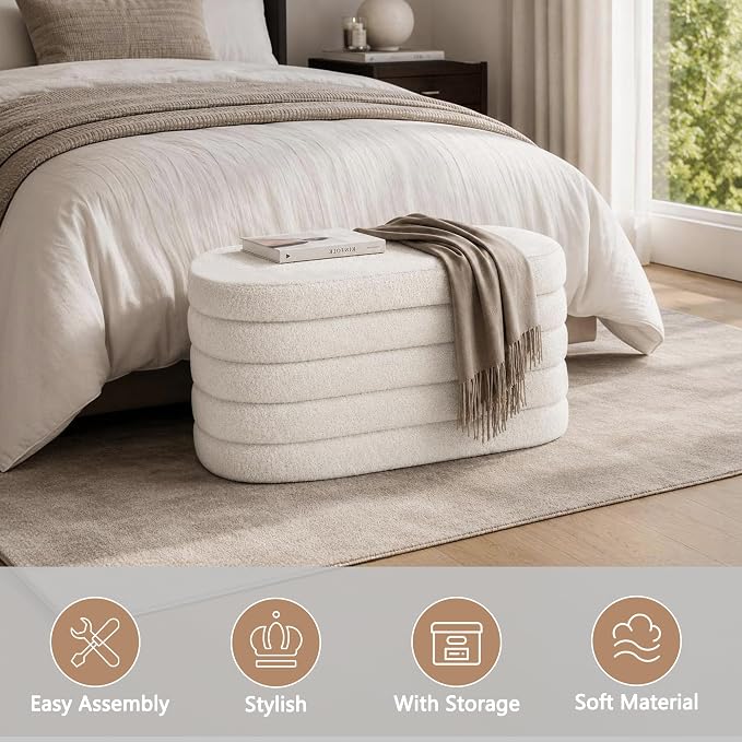 GLAXYFUR Oval Storage Ottoman Bench, 30 Inches Entryway Shoe Seat | Upholstered Ottoman with Storage, End of Bed Stool Blanket Chest, For Living Room, Hallway, Sherpa White