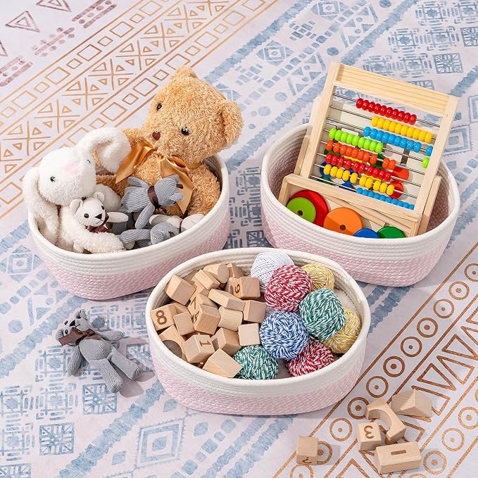 CubesLand Rectangle Woven Cotton Rope Storage Basket for Organizing | Small Basket for Kids, Baby Nursery, Cat Dog Toy Baskets, Organizer Bins for Shelves 3 Packs