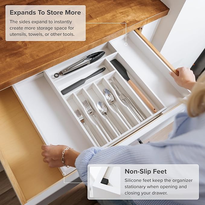 KitchenEdge Silverware & Utensil Drawer Organizer, 14.5-25 in, White Bamboo | Cutlery, flatware, food-safe contract grade, kitchen drawer fit
