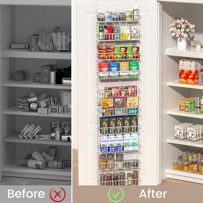 ElegantArray 9-Tier Pantry Door Organizer, White | Over The Door Pantry Organizer Rack and Storage, Hanging Spice Rack Shelves Door, Home Office Laundry Room Bathroom & Kitchen
